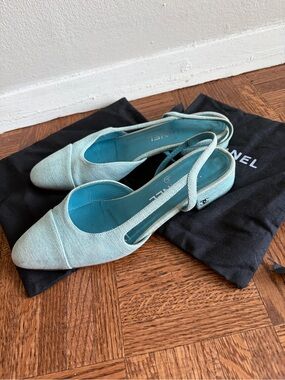 Chanel denim blue slingback flats mules